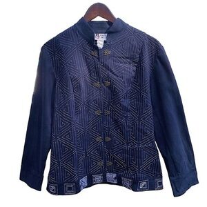 Maggie Sweet Navy Jacket Size Medium P Nehru Collar Geometric White Stitching